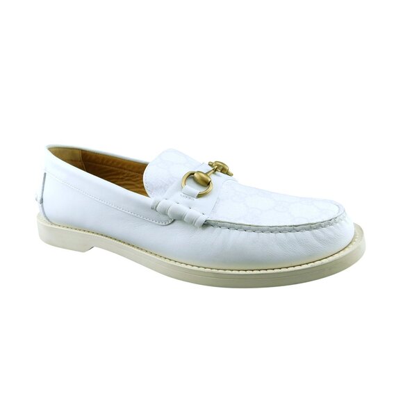 GUCCI GG Logo Monogram White Leather Signature Horse Bit Slip-on Boat Shoes 8 UK - Picture 1 of 11